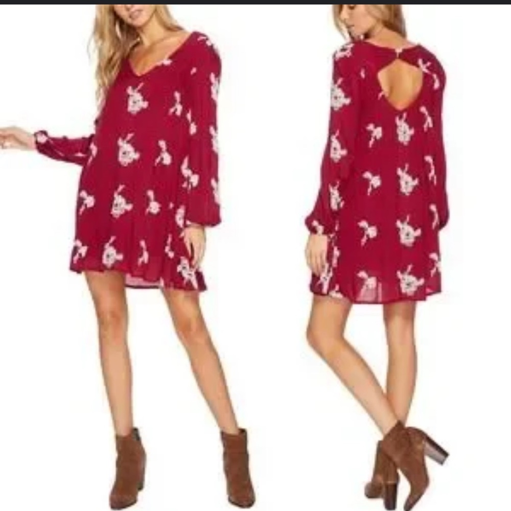 FREE PEOPLE red EMBROIDERED EMMA open back SWING long sleeve mini tunic DRESS SM